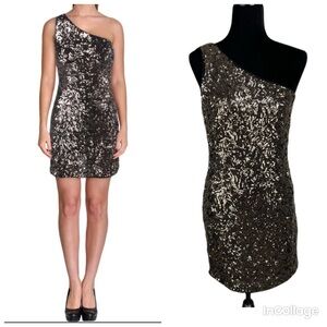 NWT AQUA SEQUINED Gold Tone ONE-SHOULDER COCKTAIL AND PARTY Mini DRESS